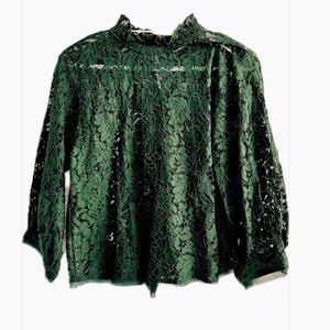 Zara 3/4 sleeve high neck dark green lace blouse